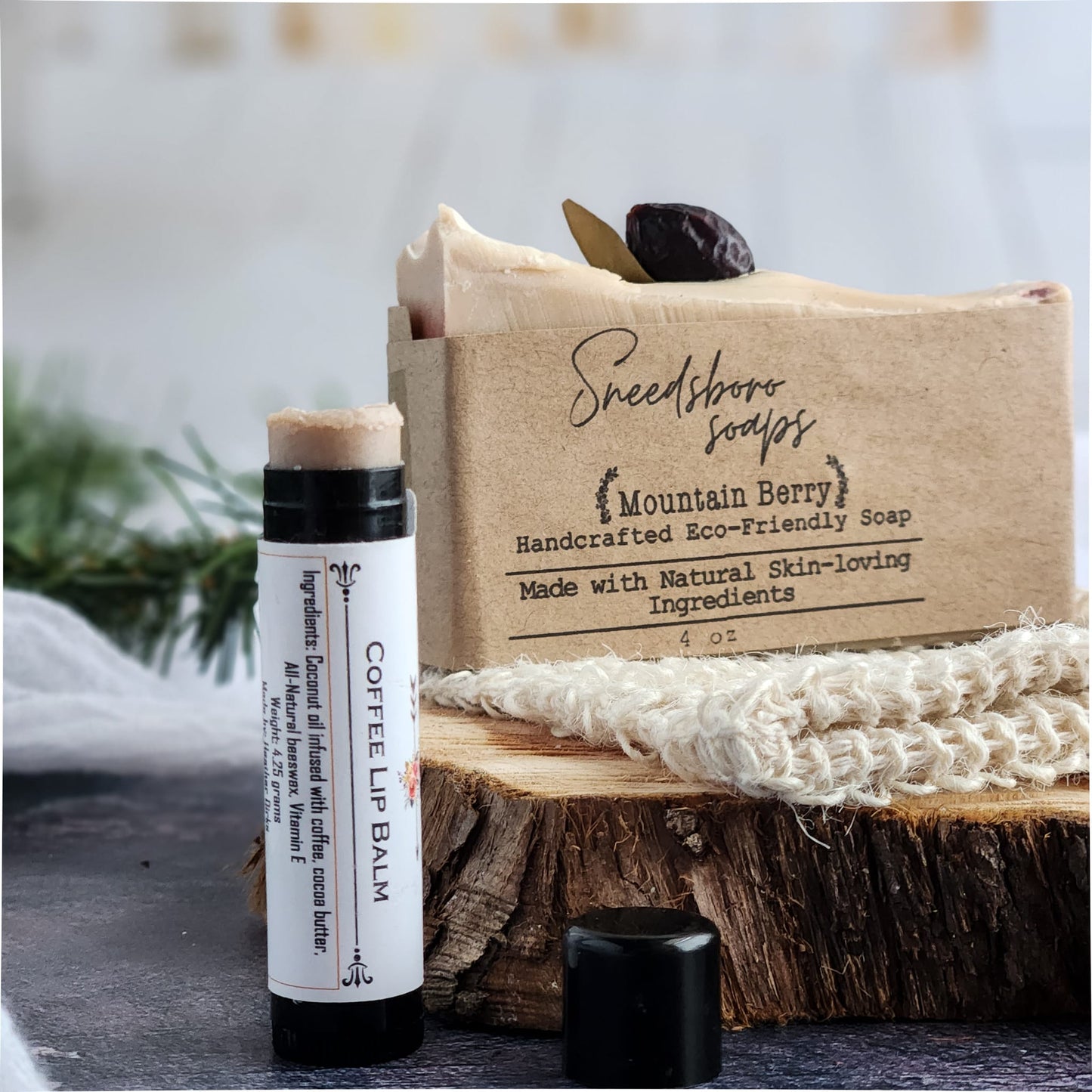 Cozy Christmas Gift Box - Mountain Berry Soap Bar - Coffee infused Lip Balm - Foaming Sugar Scrub